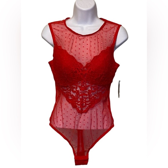 NWT INC INTERNATIONAL CONCEPTS Cupped Swiss Dot Sheer Lace Thong Bodysuit RED - Picture 2 of 8